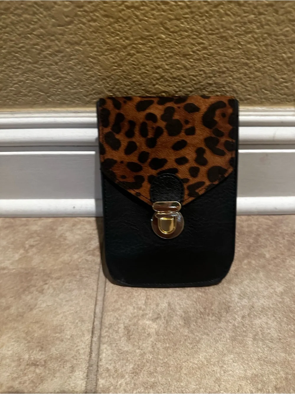Leopard Flap Black Crossbody Phone Pouch